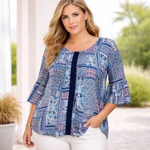 Cato Bohemian Top Blouse 3/4 Sleeves Womens 22 24 Lace Gypsy Blue Tunic Casual